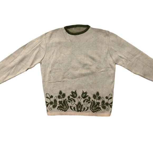 40s-80s Vintage Sweaters - Vintage 1940s-1950s 3/4 Sleeve Crewneck Beige Olive Green Floral Woven Sweater